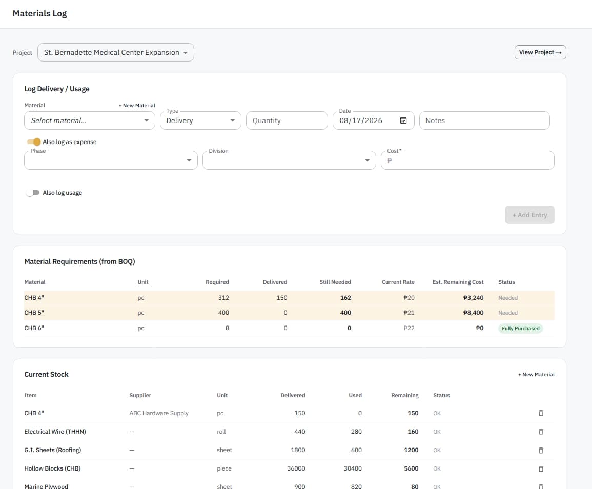 Materials, work & expense logs screenshot